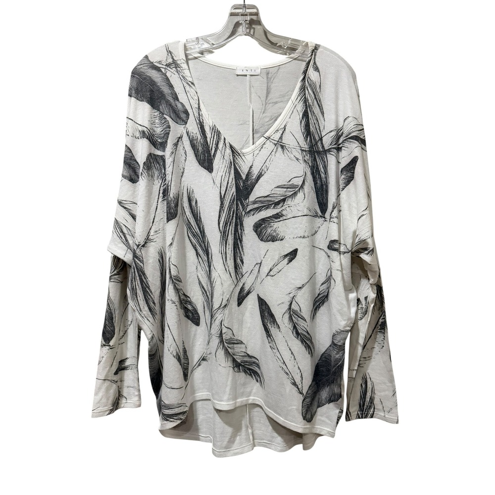 ENTI Large Women White Black Feather Print Dolman Sleeve V-Neck Top B14